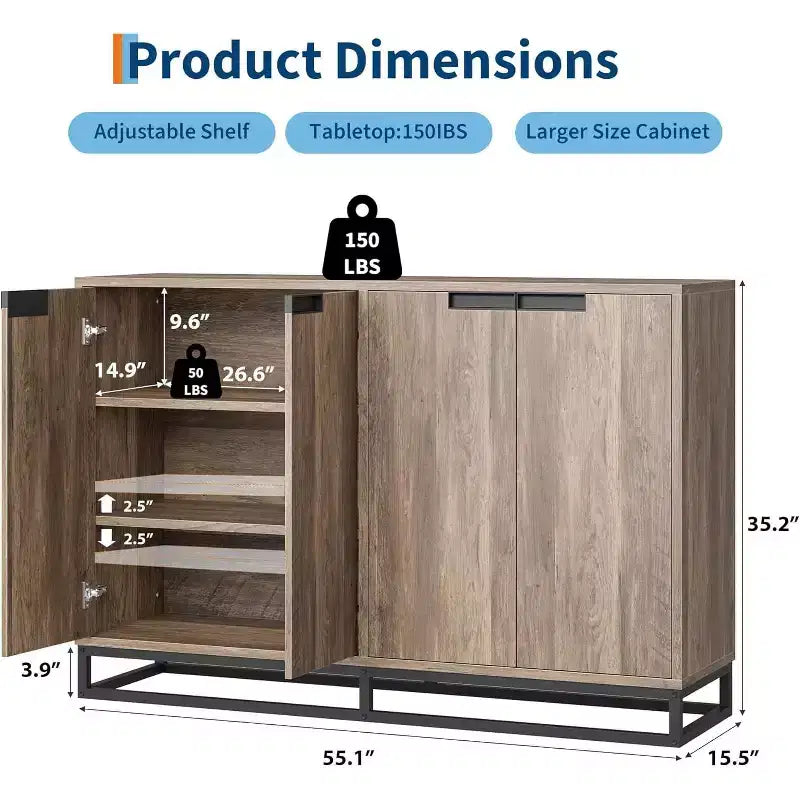 Buffet vaisselier de 140 cm, meuble d'appoint avec 4 portes et étagères réglables, meuble de rangement pour cuisine, salle à manger, entrée, salon
