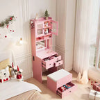 Coiffeuse compacte, Coiffeuse de maquillage avec miroir et lumières, Ensemble de coiffeuse blanche avec station de recharge, Petite coiffeuse pour filles et chaise de rangement