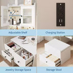 Coiffeuse compacte, Coiffeuse de maquillage avec miroir et lumières, Ensemble de coiffeuse blanche avec station de recharge, Petite coiffeuse pour filles et chaise de rangement