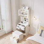Coiffeuse compacte, Coiffeuse de maquillage avec miroir et lumières, Ensemble de coiffeuse blanche avec station de recharge, Petite coiffeuse pour filles et chaise de rangement