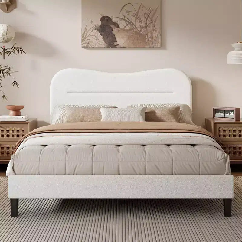 White Queen Size Upholstered Platform Bed Frame Teddy Boucle Soft Cloud Headboard Modern Marshmallow Design No Box Spring Needed Noise Free Support