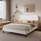 Cadre de lit plateforme rembourré blanc Queen Size Tête de lit Teddy Bouclé Nuage Doux Design moderne Guimauve Pas besoin de sommier Support sans bruit