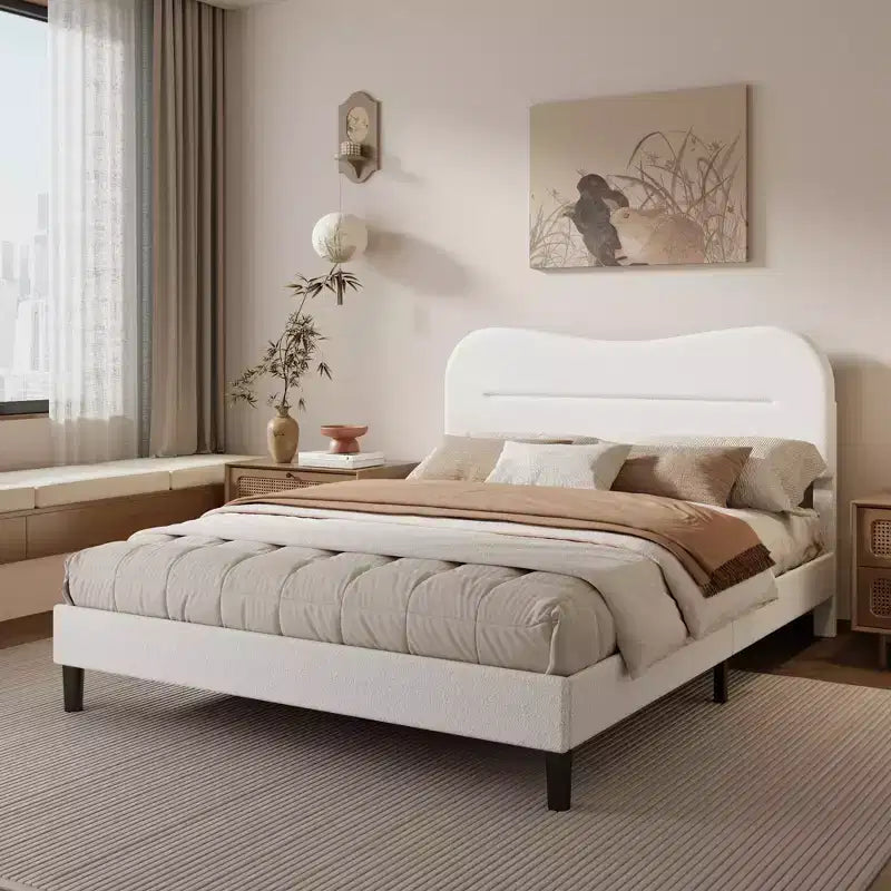 Cadre de lit plateforme rembourré blanc Queen Size Tête de lit Teddy Bouclé Nuage Doux Design moderne Guimauve Pas besoin de sommier Support sans bruit