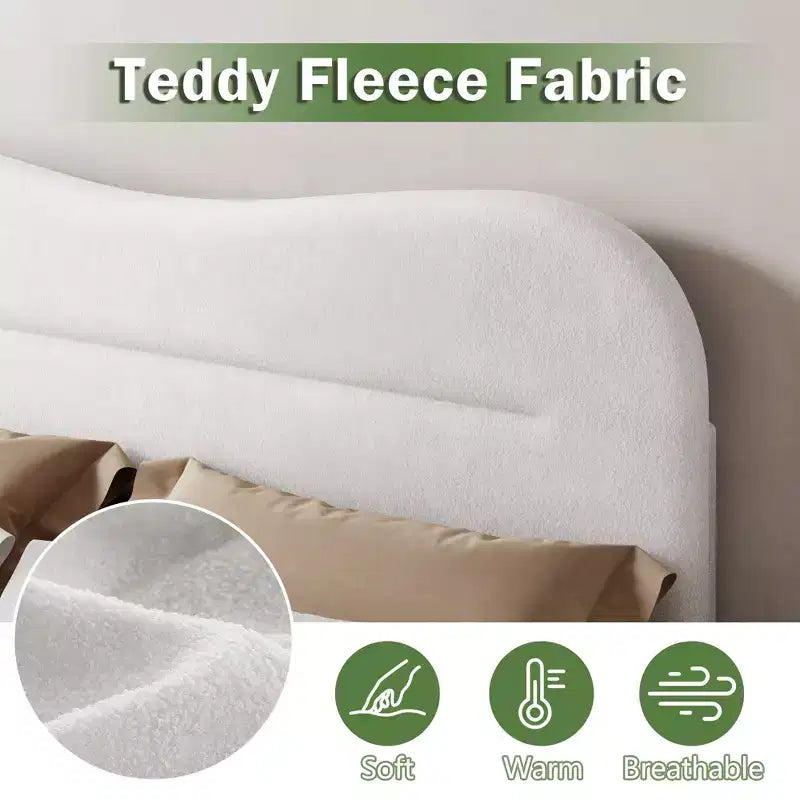 Cadre de lit plateforme rembourré blanc Queen Size Tête de lit Teddy Bouclé Nuage Doux Design moderne Guimauve Pas besoin de sommier Support sans bruit
