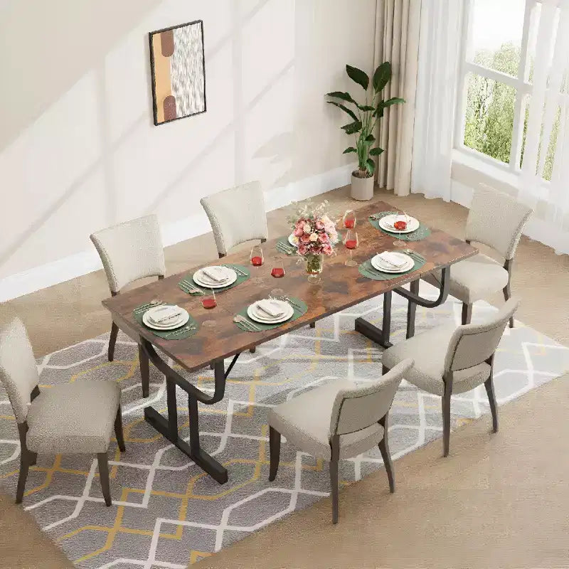 70.9 Inch Dining Table, Heavy Metal Support Legs, Wine Glass Leg Type Kitchen Table, Wear-Resistant Thickened Wooden Table Top for Dining Room