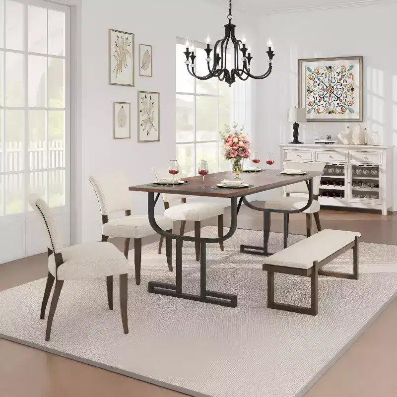 Table à manger de 180 cm, pieds de support en métal lourd, table de cuisine type pied de verre à vin, plateau en bois épaissi résistant à l'usure pour salle à manger