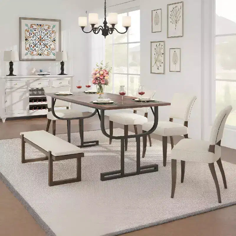Table à manger de 180 cm, pieds de support en métal lourd, table de cuisine type pied de verre à vin, plateau en bois épaissi résistant à l'usure pour salle à manger