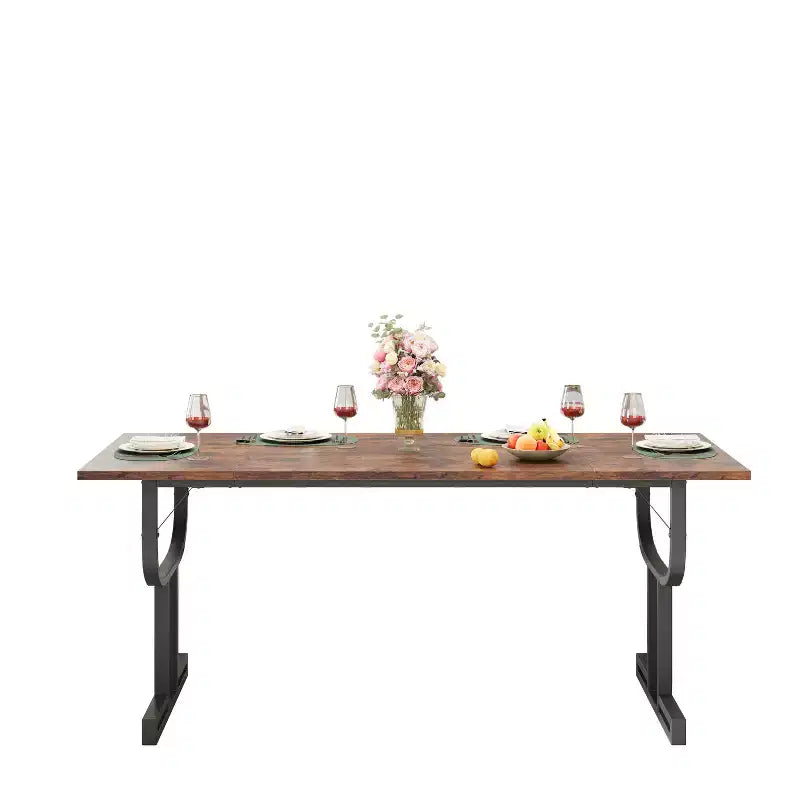 Table à manger de 180 cm, pieds de support en métal lourd, table de cuisine type pied de verre à vin, plateau en bois épaissi résistant à l'usure pour salle à manger