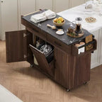 sumyeg Kitchen Island Cart with Trash Can Storage, Drop Leaf, Spice Rack, Towel Rack and Drawer, Rolling Cart with Adjustable Shelf for Kitchen