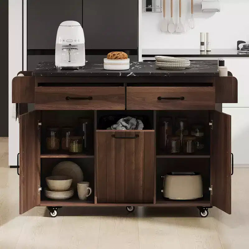 Chariot d'îlot de cuisine sumyeg avec rangement pour poubelle, abattant, porte-épices, porte-serviettes et tiroir, desserte roulante avec étagère réglable pour la cuisine