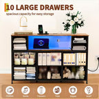 Commode 10 tiroirs en tissu, meuble TV avec plateau en bois, étagères ouvertes, meuble TV pour téléviseur de 40 à 55 pouces, commode de rangement pour chambre à coucher ou salon