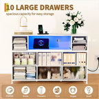 Commode 10 tiroirs en tissu, meuble TV avec plateau en bois, étagères ouvertes, meuble TV pour téléviseur de 40 à 55 pouces, commode de rangement pour chambre à coucher ou salon