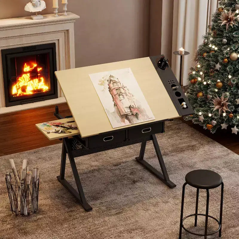 TUYOHW Table à Dessin et à Croquis Réglable avec 2 Tiroirs et un Tabouret, Plateau Inclinable en MDF 0-75 Hauteur Réglable pour Bureau à Domicile, École, Studio