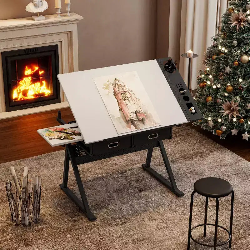 TUYOHW Table à Dessin et à Croquis Réglable avec 2 Tiroirs et un Tabouret, Plateau Inclinable en MDF 0-75 Hauteur Réglable pour Bureau à Domicile, École, Studio