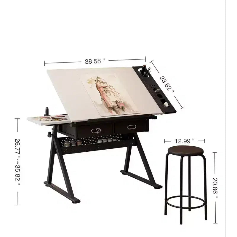 TUYOHW Table à Dessin et à Croquis Réglable avec 2 Tiroirs et un Tabouret, Plateau Inclinable en MDF 0-75 Hauteur Réglable pour Bureau à Domicile, École, Studio