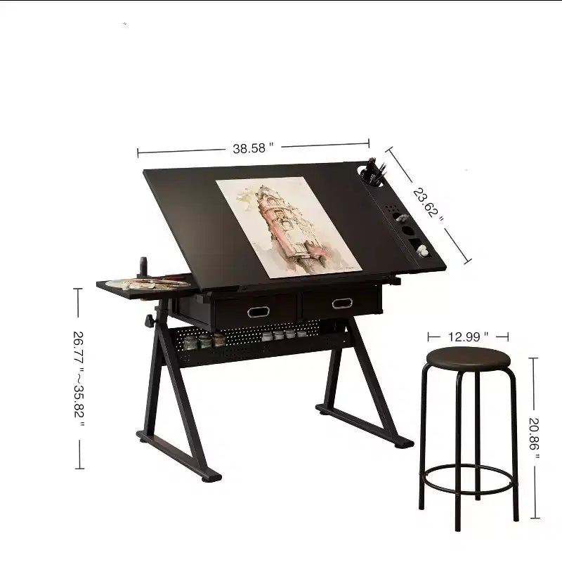 TUYOHW Table à Dessin et à Croquis Réglable avec 2 Tiroirs et un Tabouret, Plateau Inclinable en MDF 0-75 Hauteur Réglable pour Bureau à Domicile, École, Studio