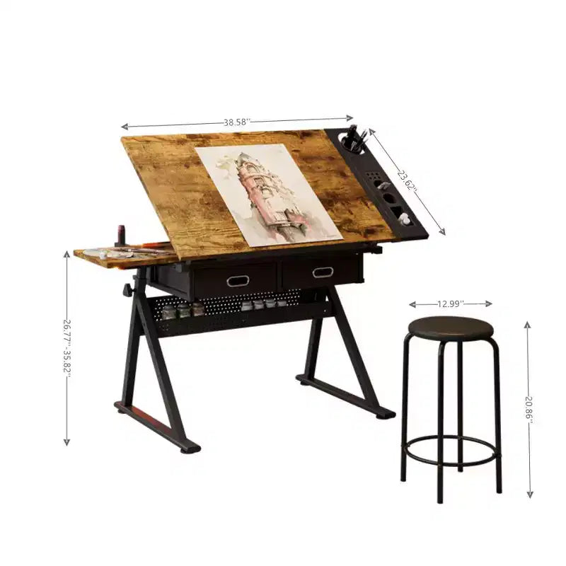 TUYOHW Table à Dessin et à Croquis Réglable avec 2 Tiroirs et un Tabouret, Plateau Inclinable en MDF 0-75 Hauteur Réglable pour Bureau à Domicile, École, Studio