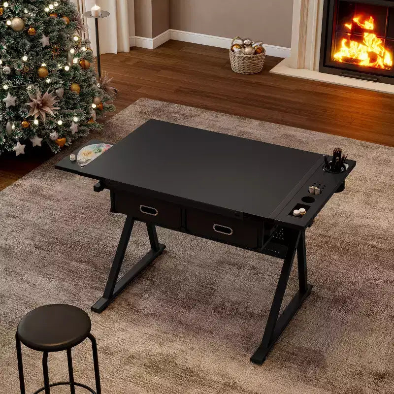 TUYOHW Table à Dessin et à Croquis Réglable avec 2 Tiroirs et un Tabouret, Plateau Inclinable en MDF 0-75 Hauteur Réglable pour Bureau à Domicile, École, Studio