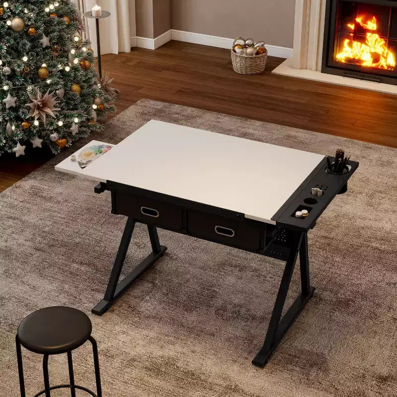 TUYOHW Table à Dessin et à Croquis Réglable avec 2 Tiroirs et un Tabouret, Plateau Inclinable en MDF 0-75 Hauteur Réglable pour Bureau à Domicile, École, Studio
