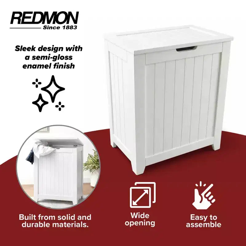 Panier à linge en bois contemporain Redmon pour chambre et buanderie, blanc