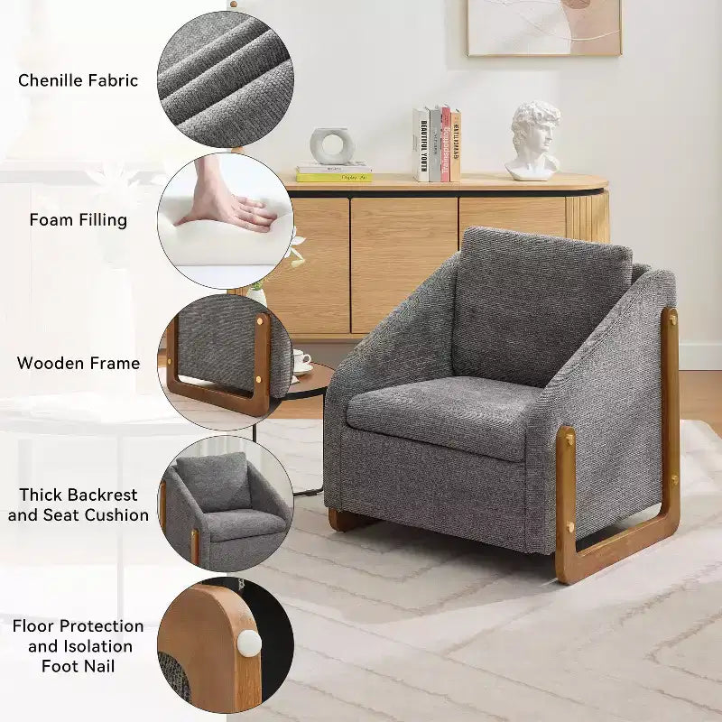 TUYOHW Fauteuil d'appoint moderne avec coussin et dossier en chenille, canapé simple avec cadre latéral en bois, fauteuils d'appoint pour salon, chambre à coucher