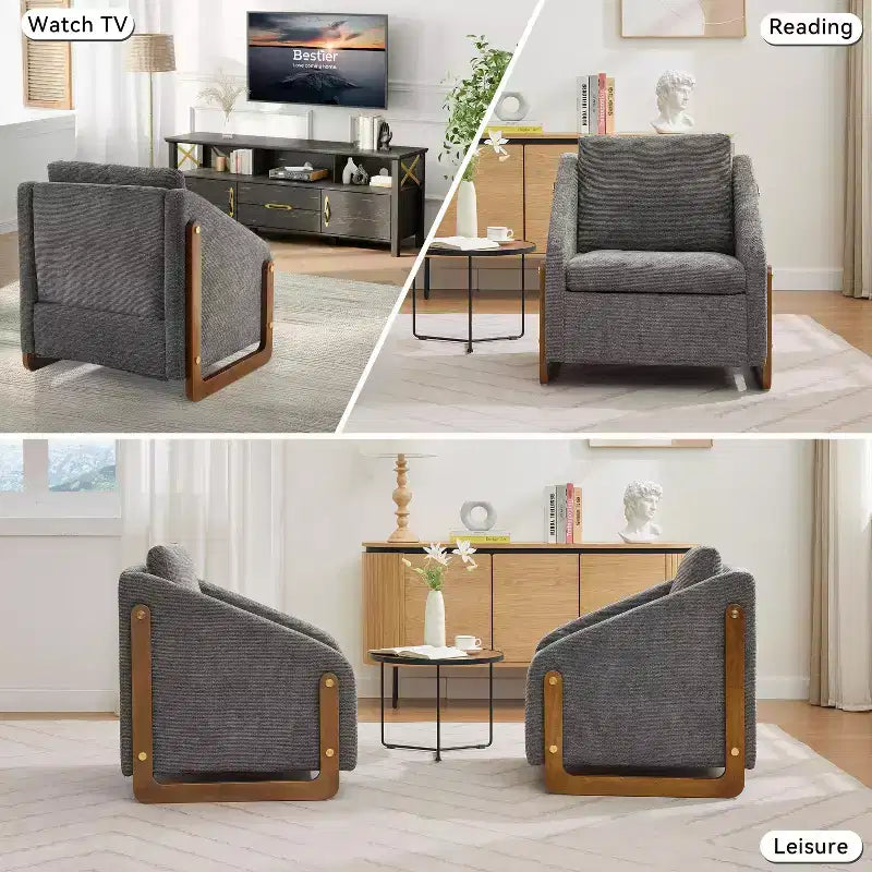 TUYOHW Fauteuil d'appoint moderne avec coussin et dossier en chenille, canapé simple avec cadre latéral en bois, fauteuils d'appoint pour salon, chambre à coucher