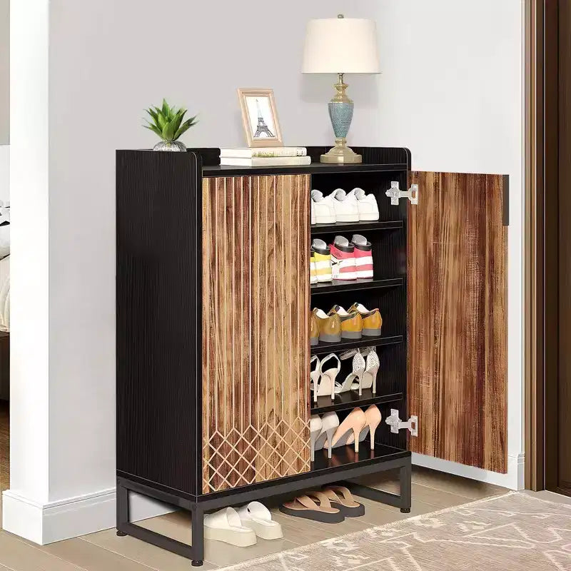 Meuble à chaussures moderne TUYOHW à 5 niveaux avec portes, Organisateur de rangement pour 20 paires de chaussures avec étagères réglables, Meuble d'entrée, Marron et Noir