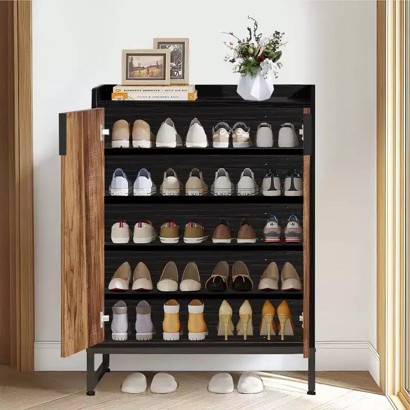Meuble à chaussures moderne TUYOHW à 5 niveaux avec portes, Organisateur de rangement pour 20 paires de chaussures avec étagères réglables, Meuble d'entrée, Marron et Noir