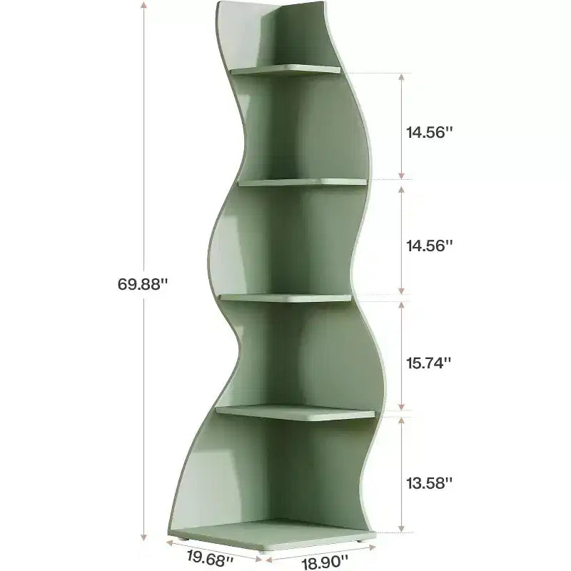 Étagère d'angle ondulée Lantine, bibliothèque moderne à 5 niveaux avec forme incurvée, présentoir unique pour plantes pour petit espace de salon (vert)
