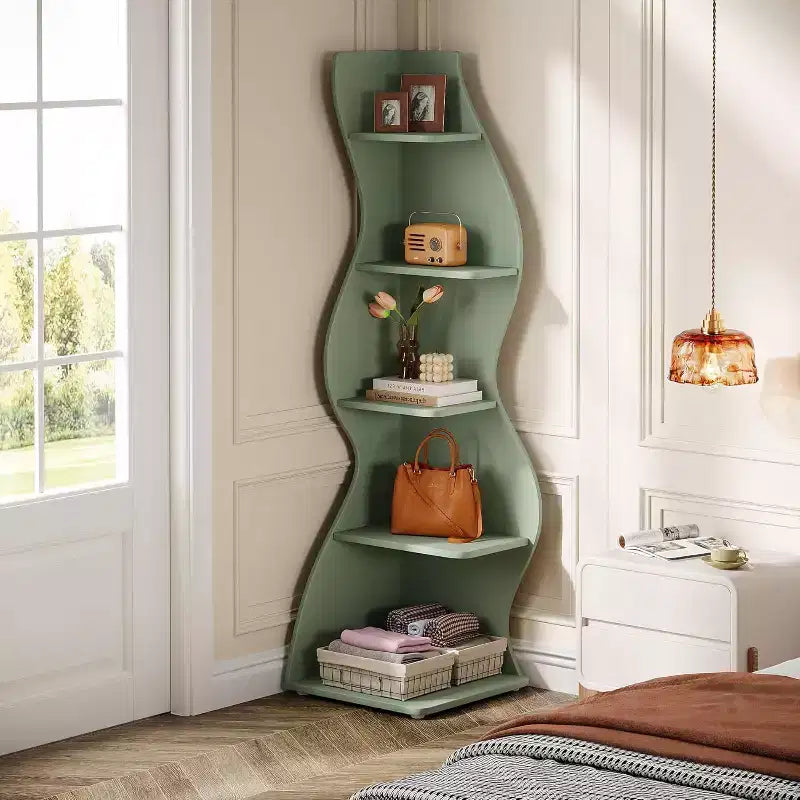 Étagère d'angle ondulée Lantine, bibliothèque moderne à 5 niveaux avec forme incurvée, présentoir unique pour plantes pour petit espace de salon (vert)