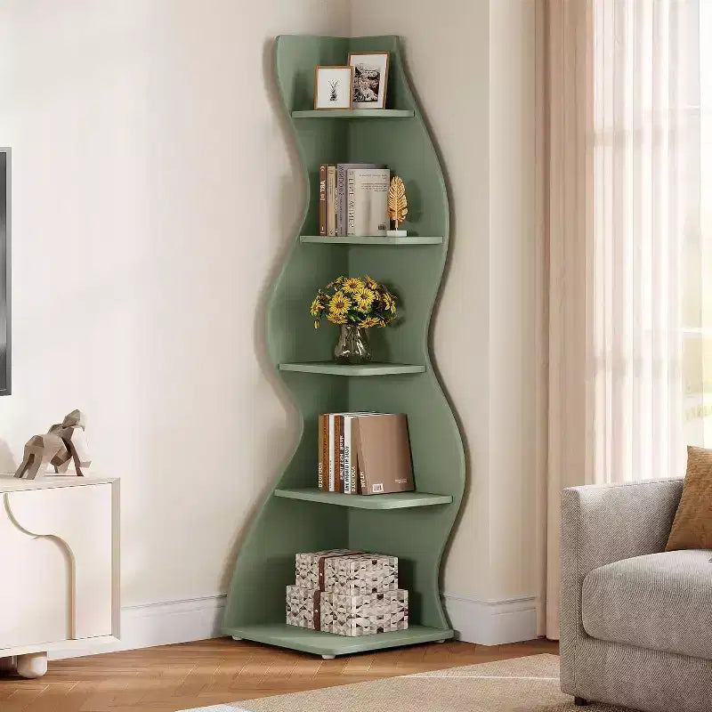 Étagère d'angle ondulée Lantine, bibliothèque moderne à 5 niveaux avec forme incurvée, présentoir unique pour plantes pour petit espace de salon (vert)