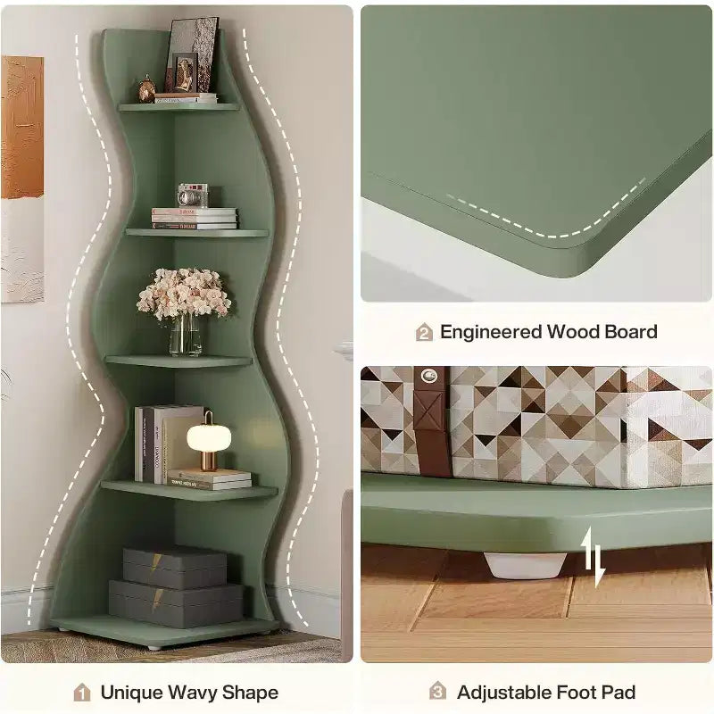 Étagère d'angle ondulée Lantine, bibliothèque moderne à 5 niveaux avec forme incurvée, présentoir unique pour plantes pour petit espace de salon (vert)