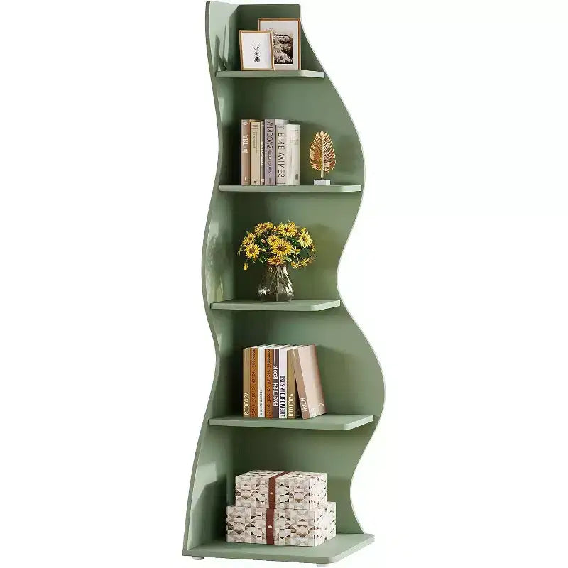 Étagère d'angle ondulée Lantine, bibliothèque moderne à 5 niveaux avec forme incurvée, présentoir unique pour plantes pour petit espace de salon (vert)
