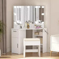 Corner Makeup Vanity Desk w/Mirror & Lights - Vanity Table w/Upholstered Stool, Bedroom Makeup Table w/Storage Shelf, Dressing Table for Women Girls