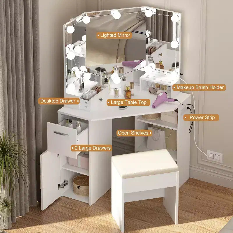 Coiffeuse d'angle avec miroir et lumières - Table de maquillage avec tabouret rembourré, table de maquillage de chambre avec étagère de rangement, coiffeuse pour femmes et filles