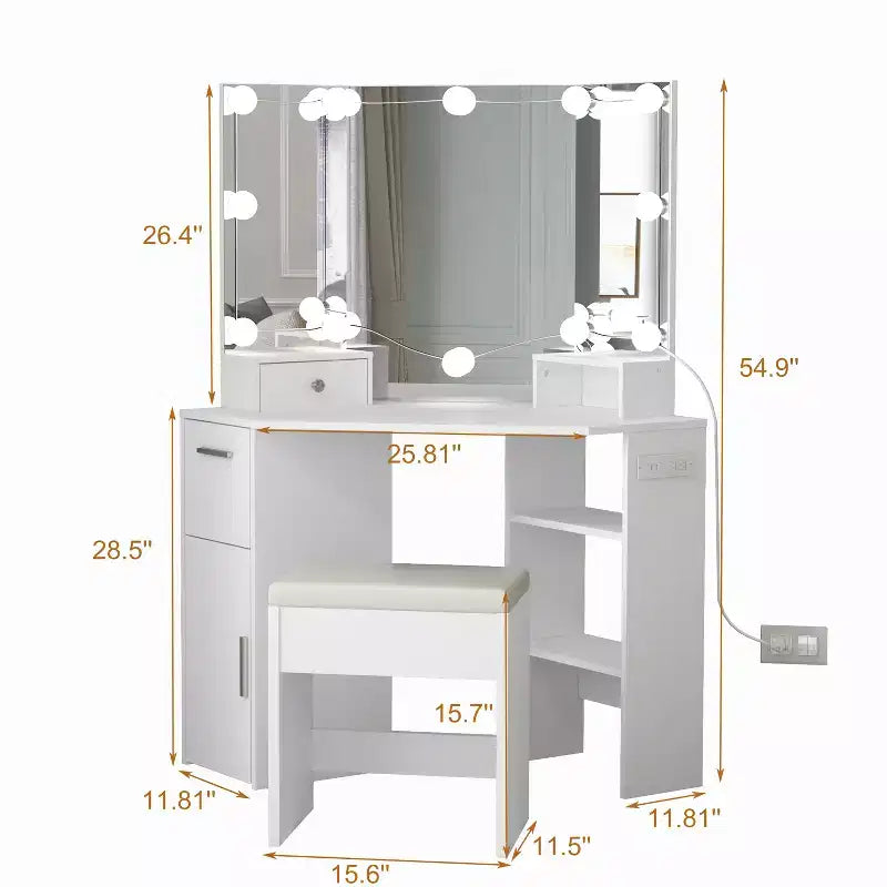 Coiffeuse d'angle avec miroir et lumières - Table de maquillage avec tabouret rembourré, table de maquillage de chambre avec étagère de rangement, coiffeuse pour femmes et filles