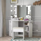 Coiffeuse d'angle avec miroir et lumières - Table de maquillage avec tabouret rembourré, table de maquillage de chambre avec étagère de rangement, coiffeuse pour femmes et filles
