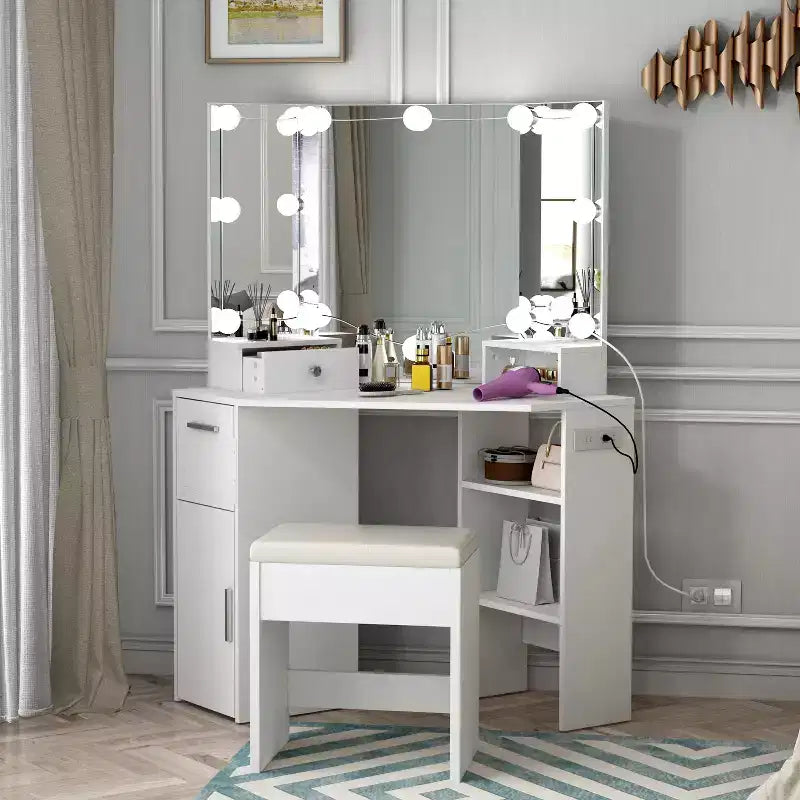 Coiffeuse d'angle avec miroir et lumières - Table de maquillage avec tabouret rembourré, table de maquillage de chambre avec étagère de rangement, coiffeuse pour femmes et filles