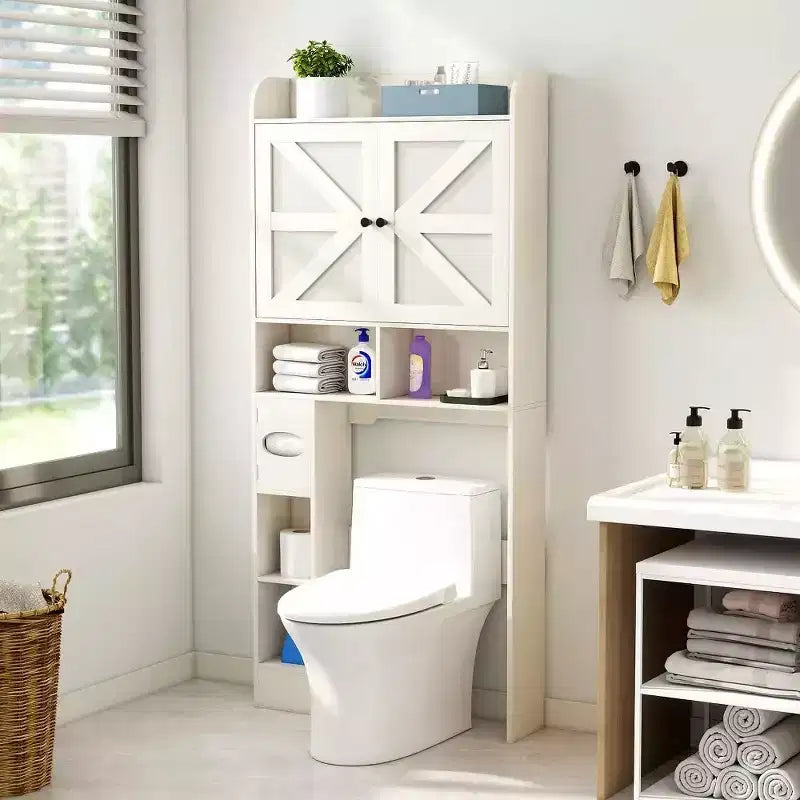 Meuble de rangement Dyonery au-dessus des toilettes avec portes de grange, organisateur de salle de bain peu encombrant de style ferme avec porte-papier toilette et étagère réglable