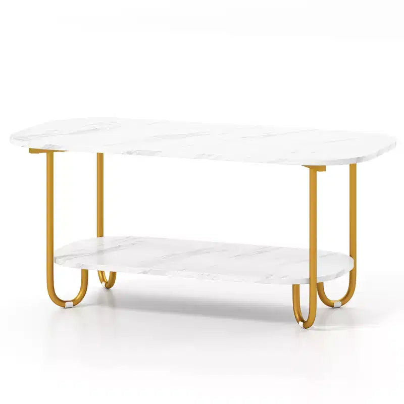 Table basse Costway à plateau effet marbre avec cadre en métal, coins arrondis et étagère de rangement