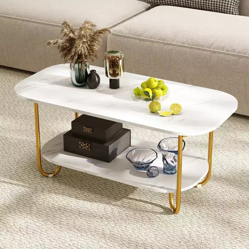 Table basse Costway à plateau effet marbre avec cadre en métal, coins arrondis et étagère de rangement