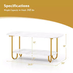 Table basse Costway à plateau effet marbre avec cadre en métal, coins arrondis et étagère de rangement