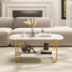 Table basse Costway à plateau effet marbre avec cadre en métal, coins arrondis et étagère de rangement