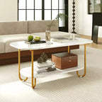 Table basse Costway à plateau effet marbre avec cadre en métal, coins arrondis et étagère de rangement