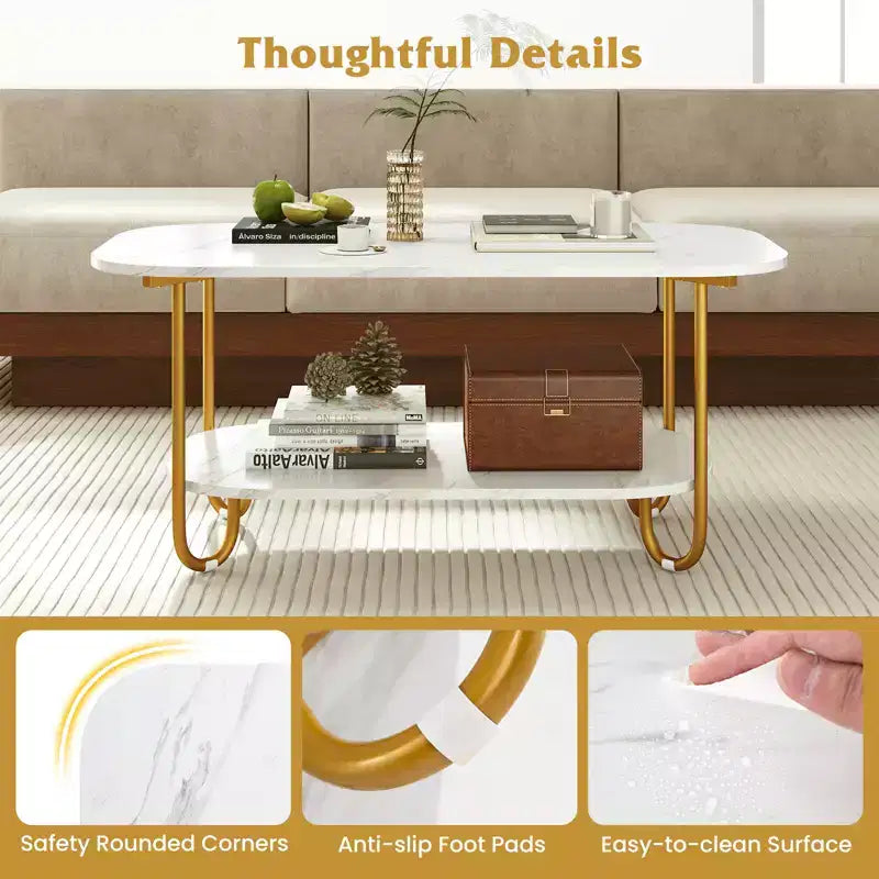 Table basse Costway à plateau effet marbre avec cadre en métal, coins arrondis et étagère de rangement