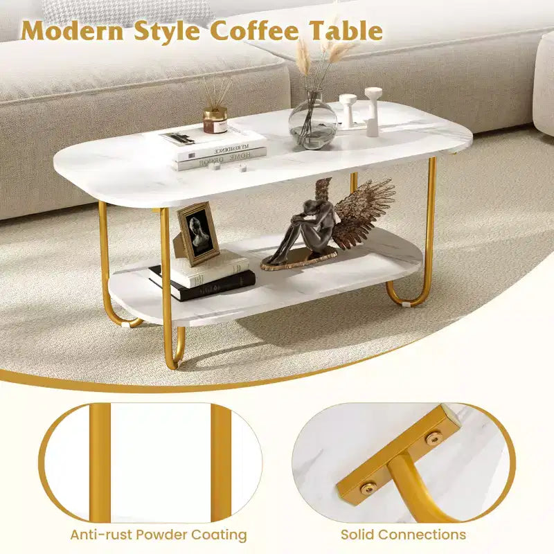 Table basse Costway à plateau effet marbre avec cadre en métal, coins arrondis et étagère de rangement