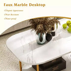 Table basse Costway à plateau effet marbre avec cadre en métal, coins arrondis et étagère de rangement