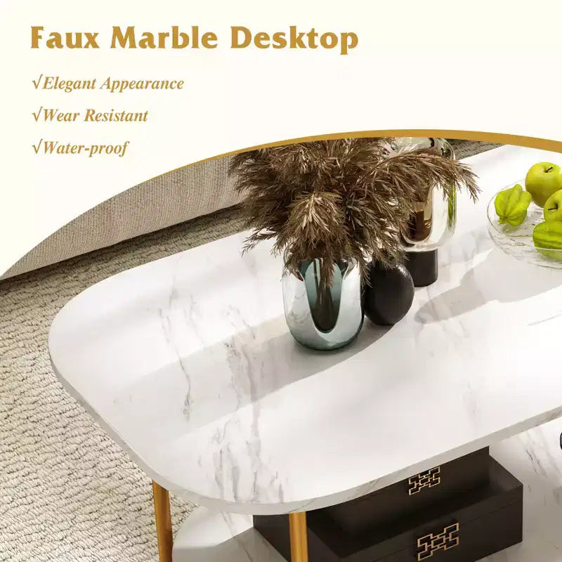 Table basse Costway à plateau effet marbre avec cadre en métal, coins arrondis et étagère de rangement