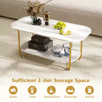 Table basse Costway à plateau effet marbre avec cadre en métal, coins arrondis et étagère de rangement
