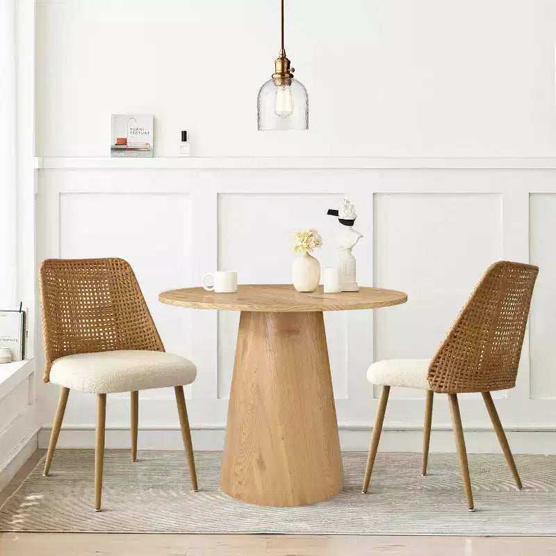 Round Dining Table Set for 2, Modern 35 Pedestal Table and Upholstered Dining Chairs with Rattan Backs, Perfect for Small Space Dining-Panipeachy